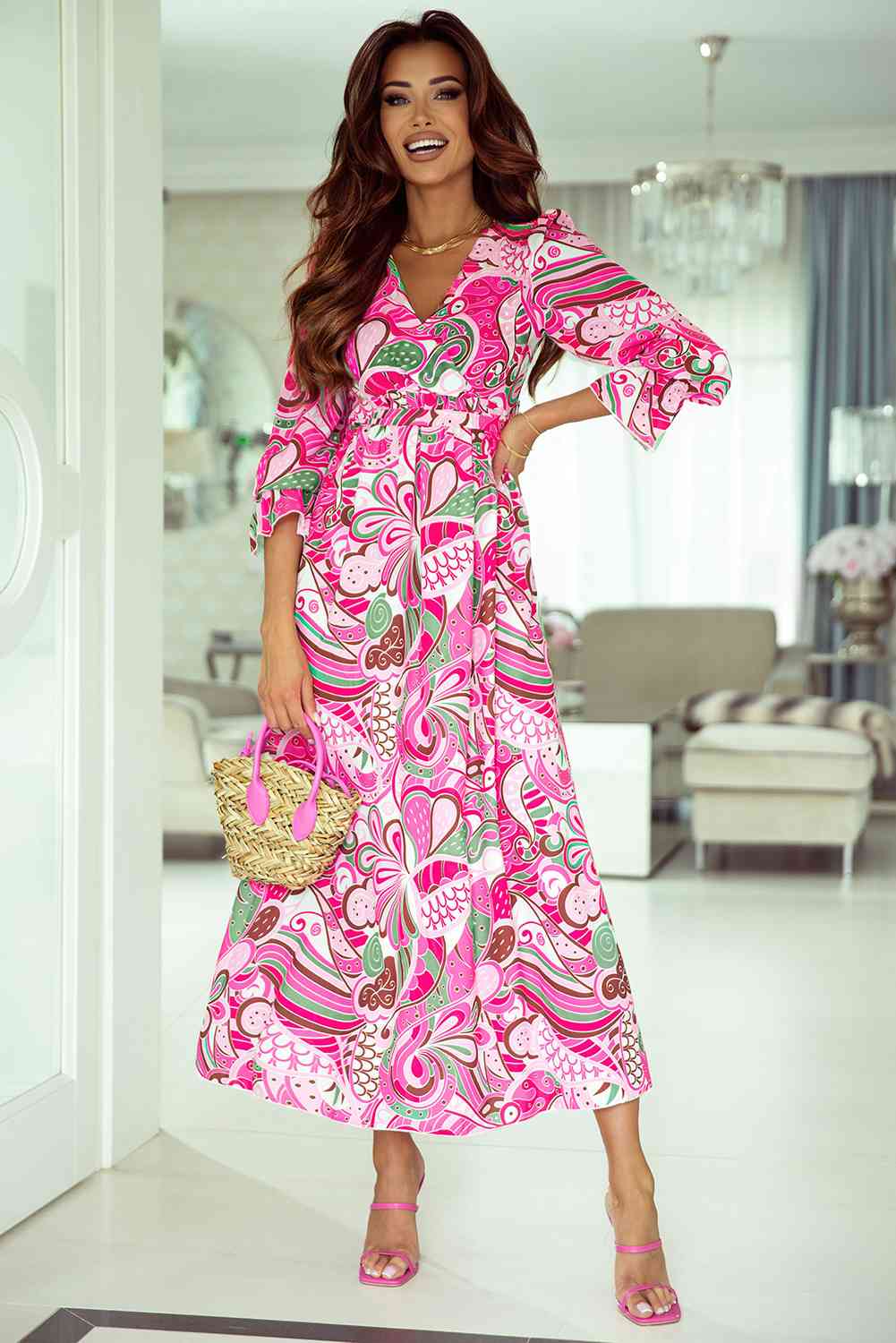 Pink Sweet Green Paisley pattern retro Printed Surplice Neck Flounce Sleeve Dress