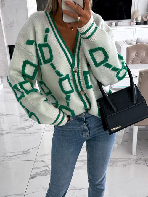 Geometric Squre pattern Dropped Shoulder Button Down Cardigan