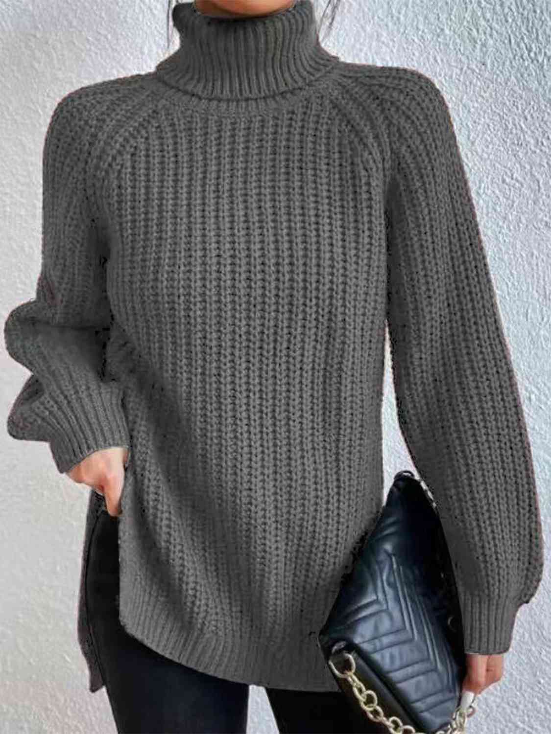 Full Size Turtleneck Rib-Knit Old Classic Forever Slit Sweater