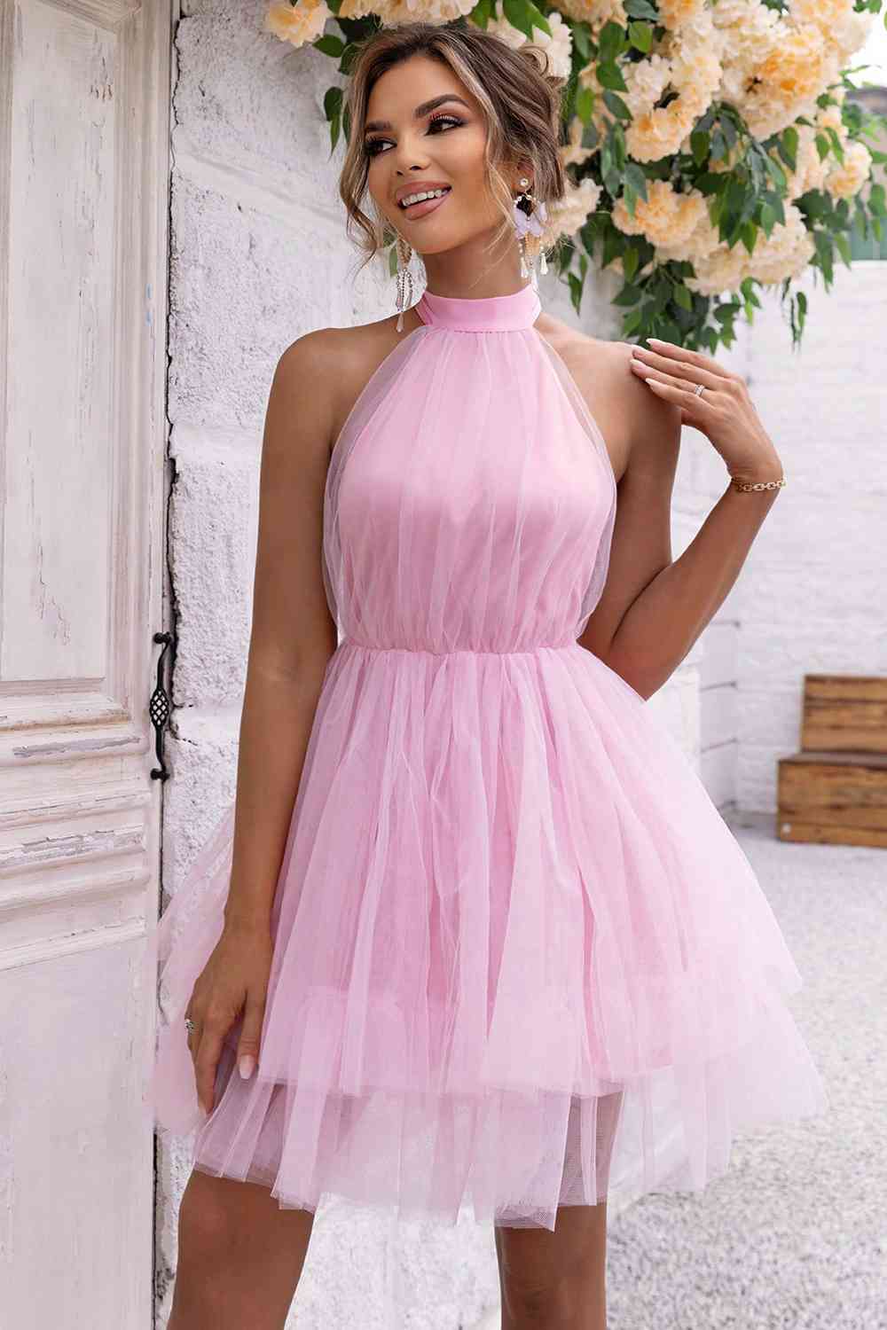 Sheer Fabric Halter Neck Backless Mesh Dress