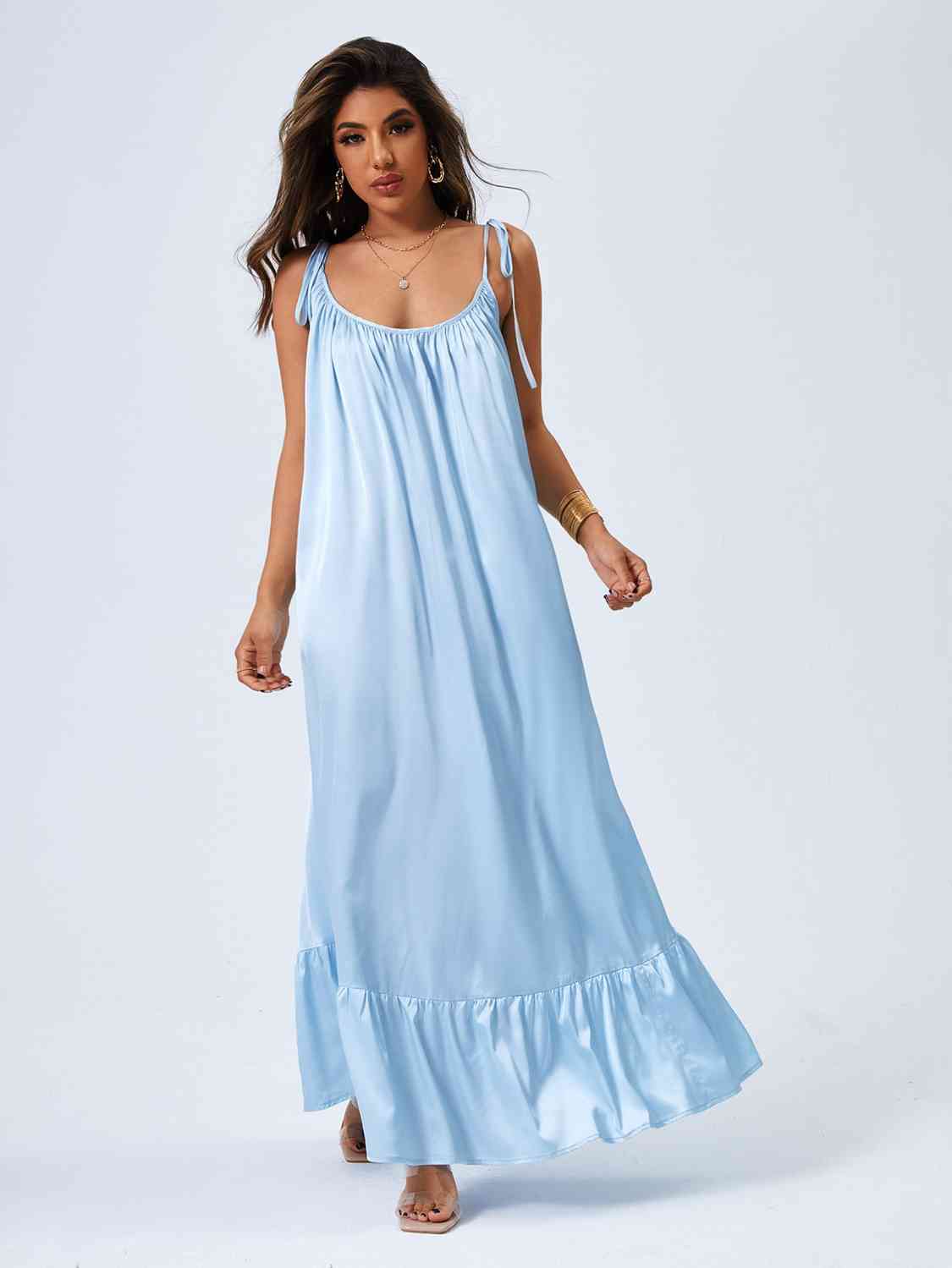 Pastel lounge Dream Flare Tie Shoulder Backless Maxi Light Dress