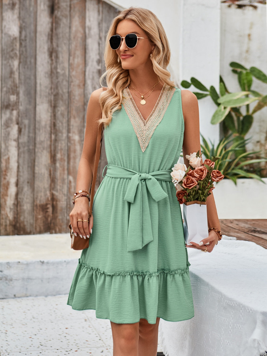 Tied Frill Sleeveless Big V Neck Mini Dress