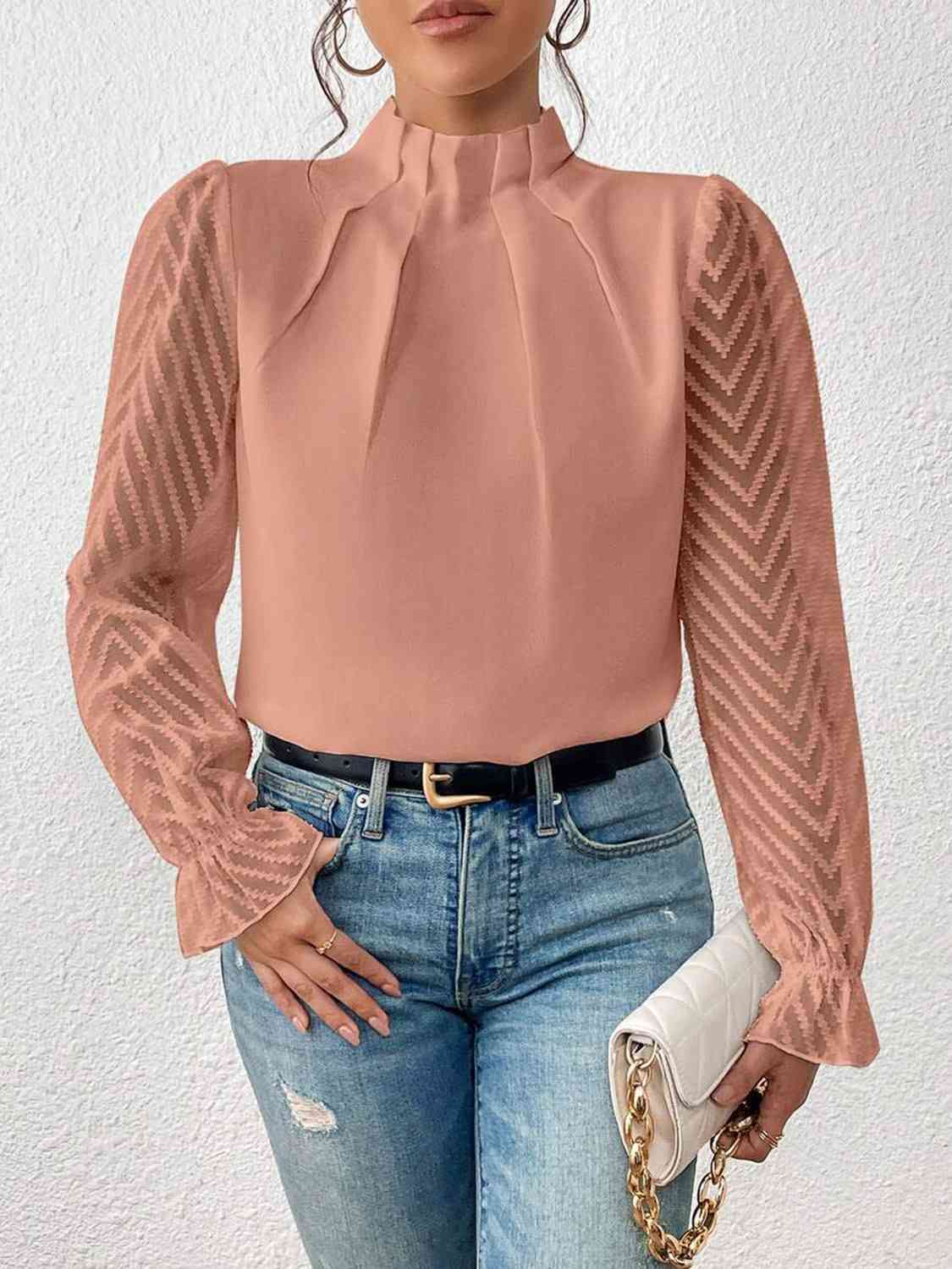 Ruffled Mock Neck anyplace meeting Flounce Sleeve Blouse