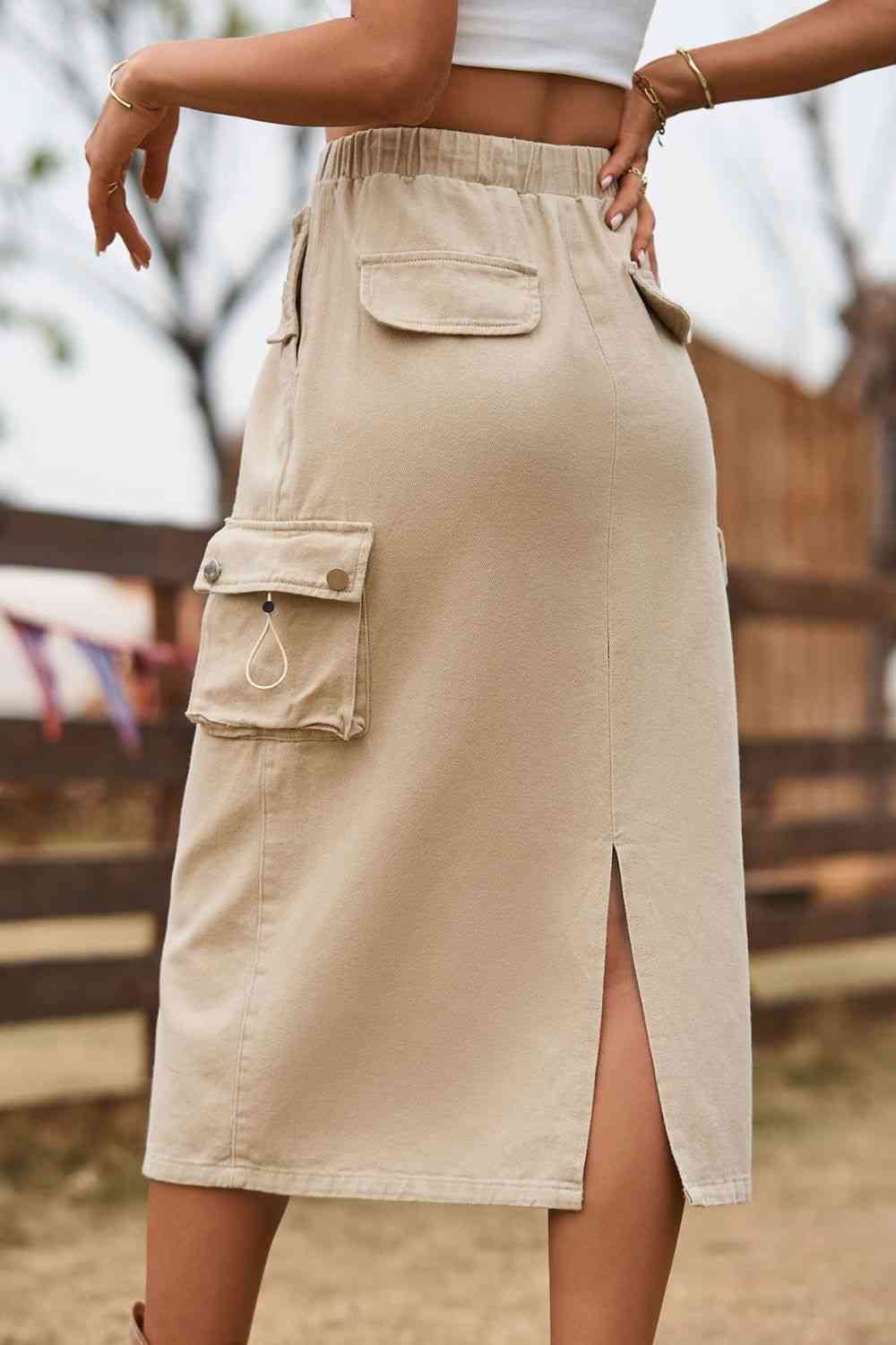 Tan/Green/ Black Pocket Drawstring Waist Slit Denim Skirt