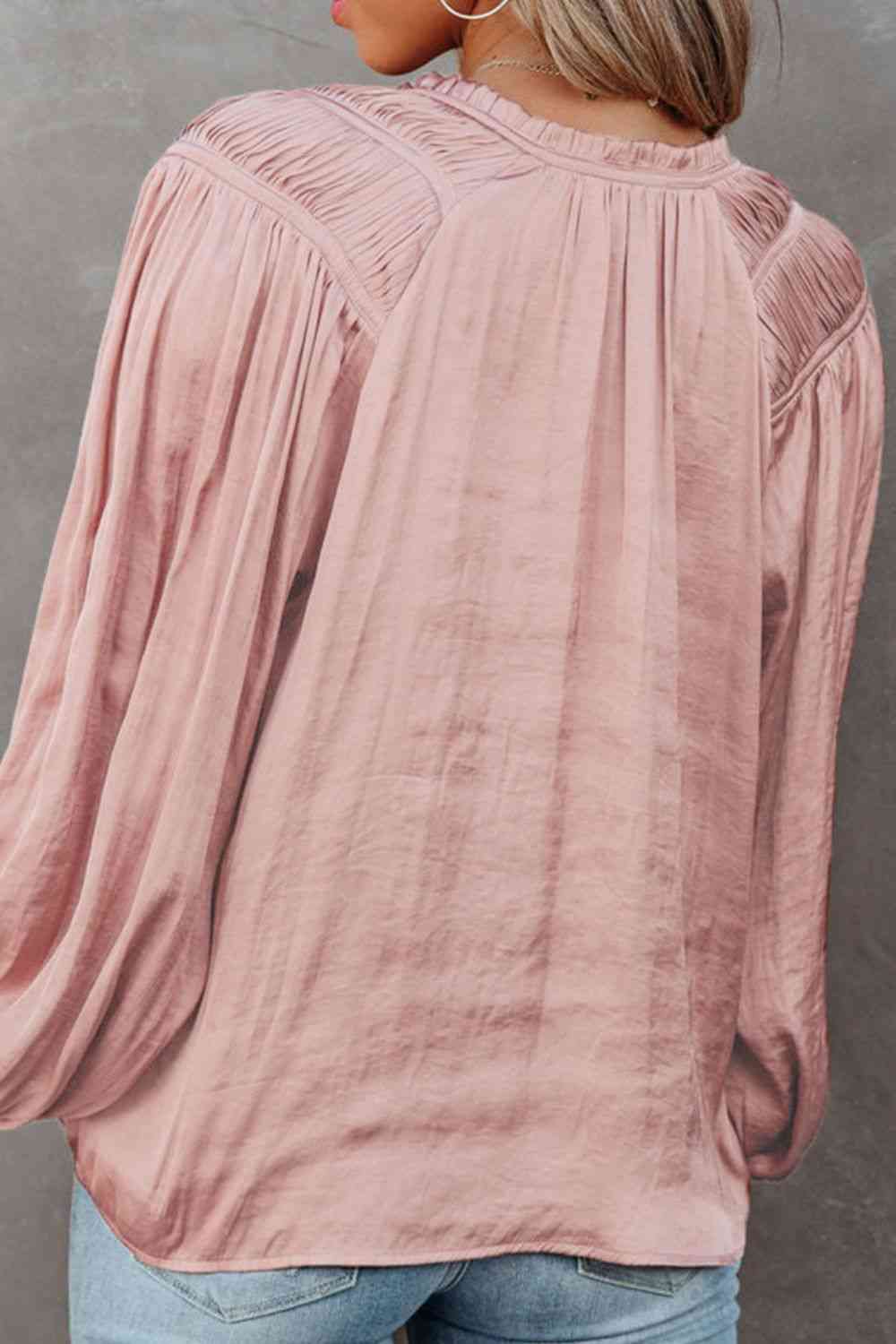 Winkled Sateen Silky Tie Neck Long Sleeve Blouse