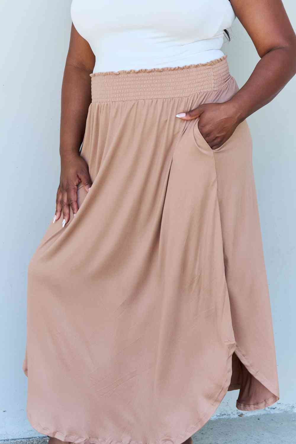 Comfort Easycare Princess Full Size High Waist Scoop Hem Maxi Skirt in Tan