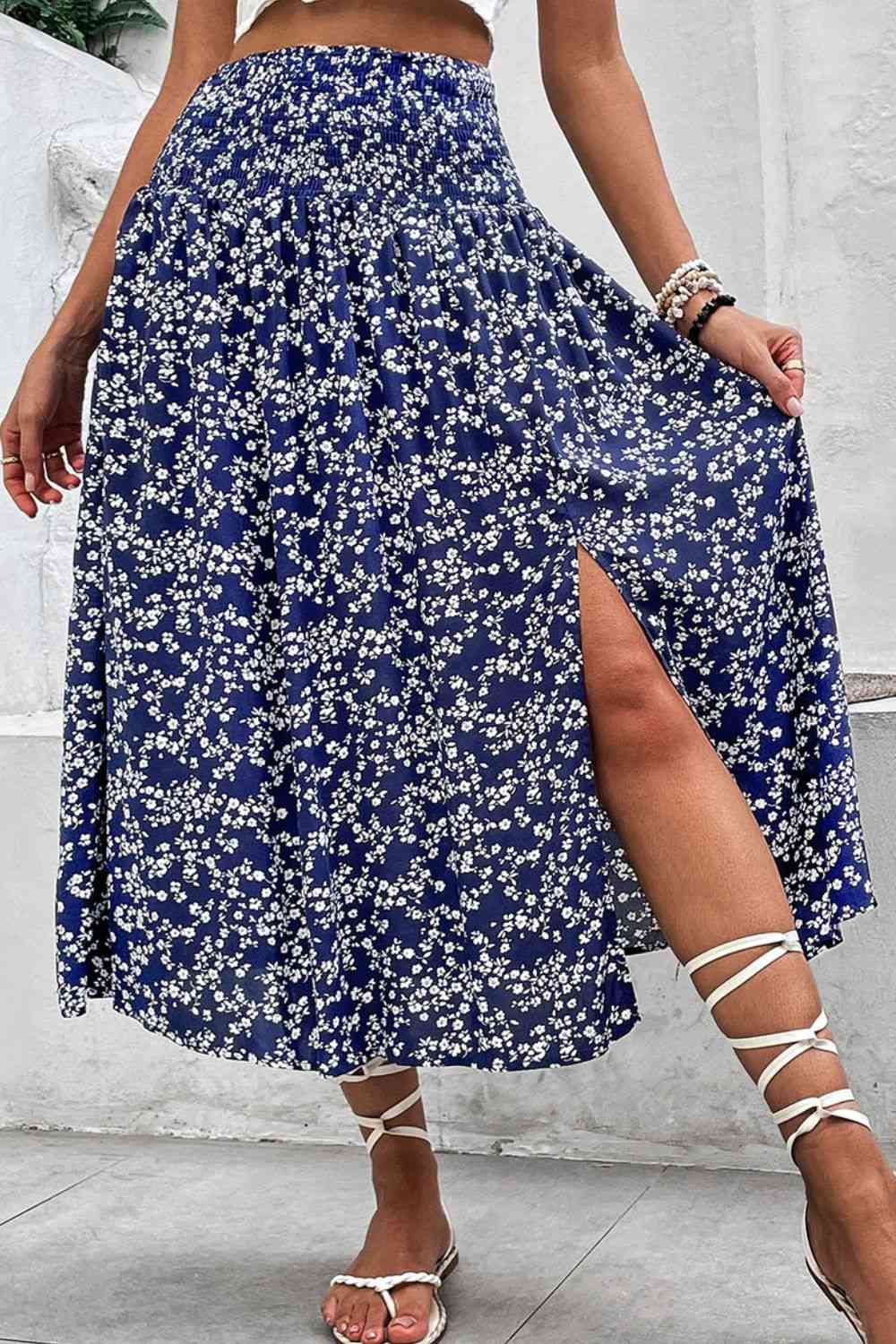 Daisy Light Floral front Slit High Waist Skirt