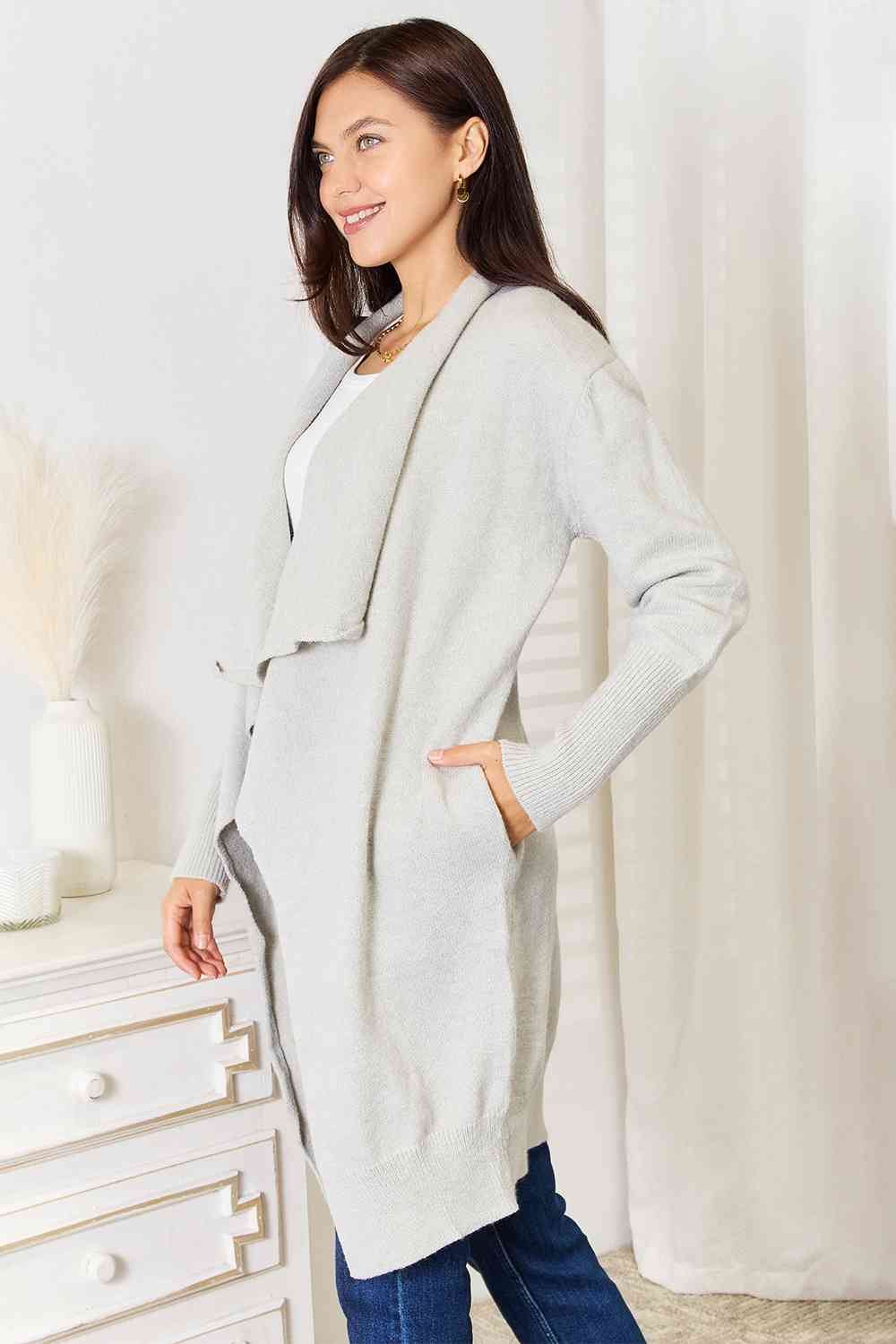 Light Gray Warm Double Take Open Front Duster Cardigan with Pockets