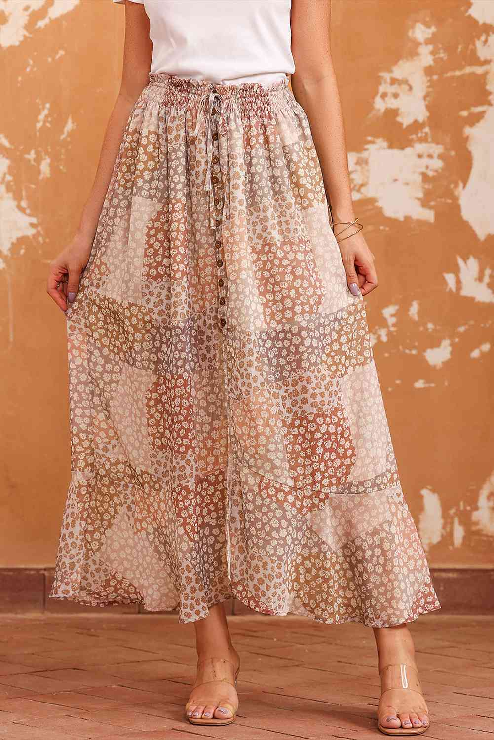 Tiny Brown Floral Buttoned Front Slit Skirt