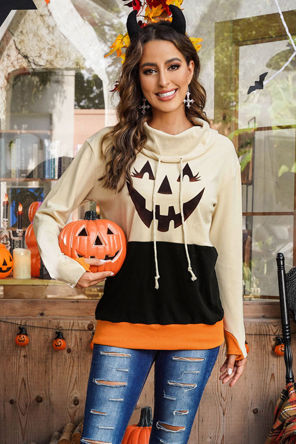 Long Sleeve Jack-O'-Lantern Graphic Cream Beige and Orange Color Match Sweatshirt