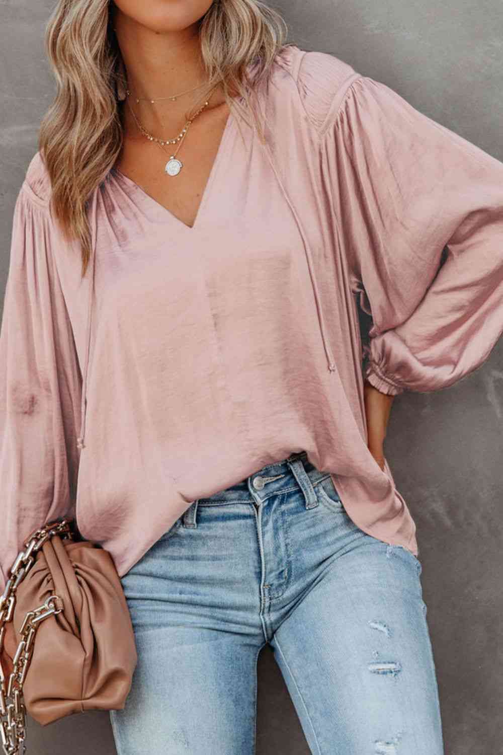 Winkled Sateen Silky Tie Neck Long Sleeve Blouse