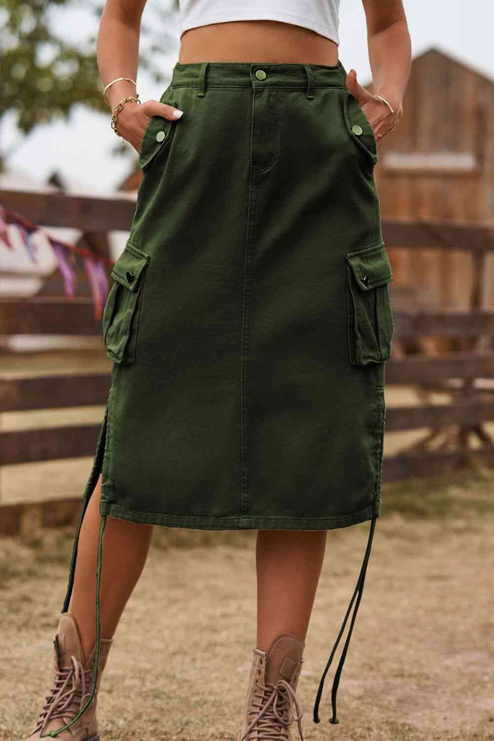 College Drawstring Both Side Pocket Denim Cargo Skirt