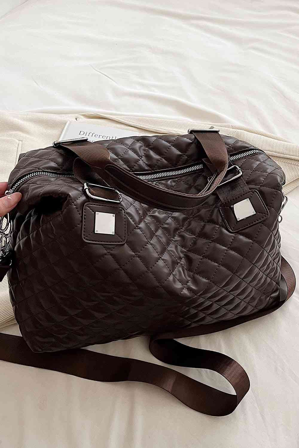 Embossing Squre Metal Button quilted PU Leather Handbag, Black, Brown,Ivory