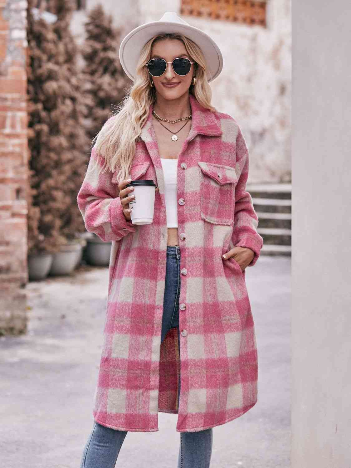 Pink and Light Blue Big Plaid Spring/Fall Dropped Shoulder Slit Shirts Cardigan Coat