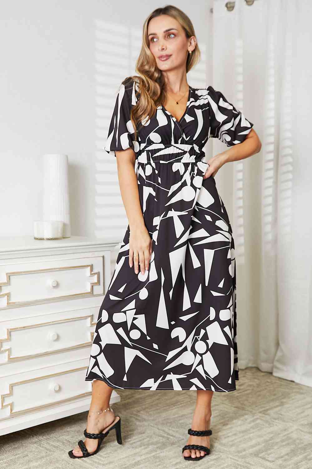 Organic Mud leaves Double Take Printed Surplice Balloon Sleeve Dress
