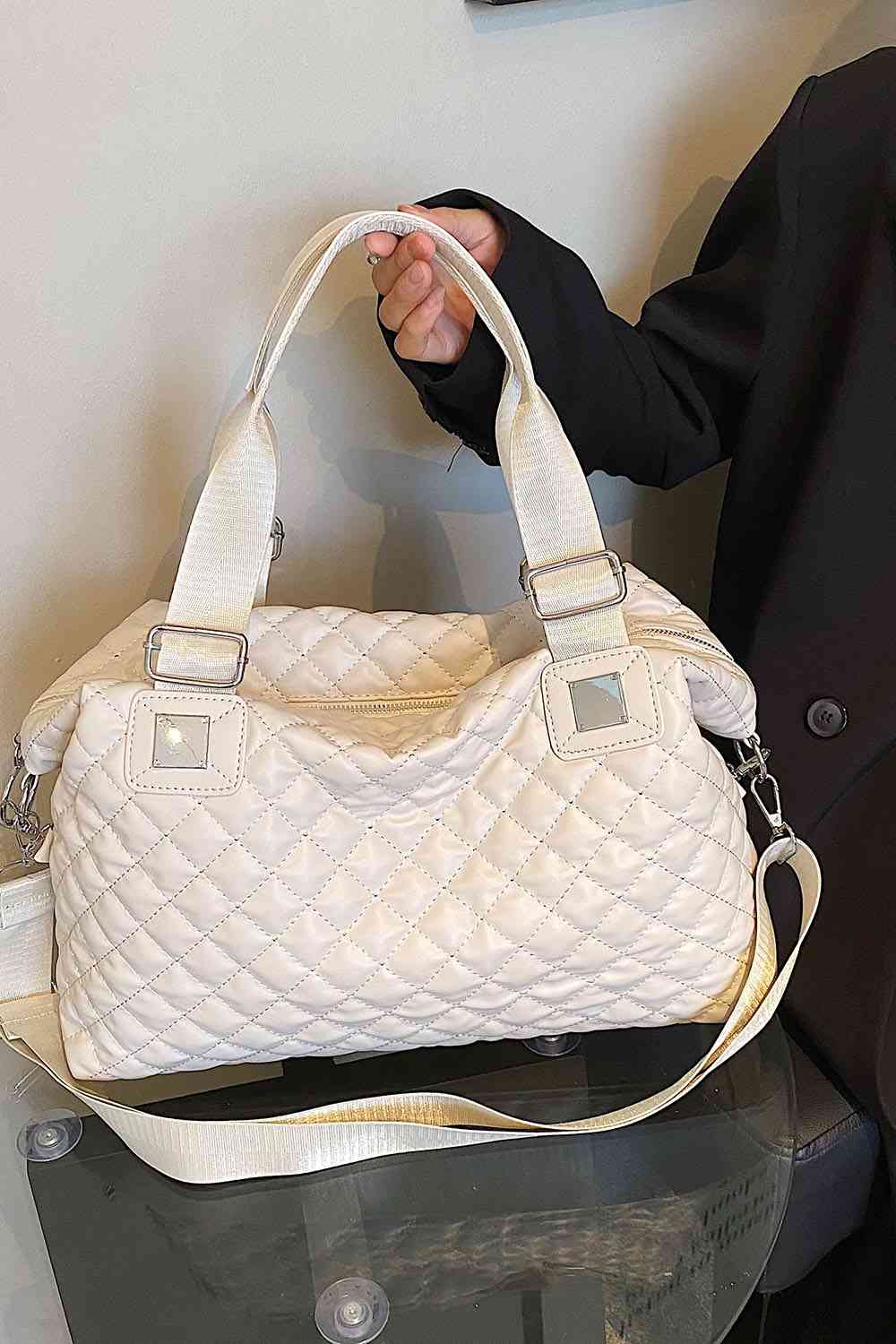 Embossing Squre Metal Button quilted PU Leather Handbag, Black, Brown,Ivory