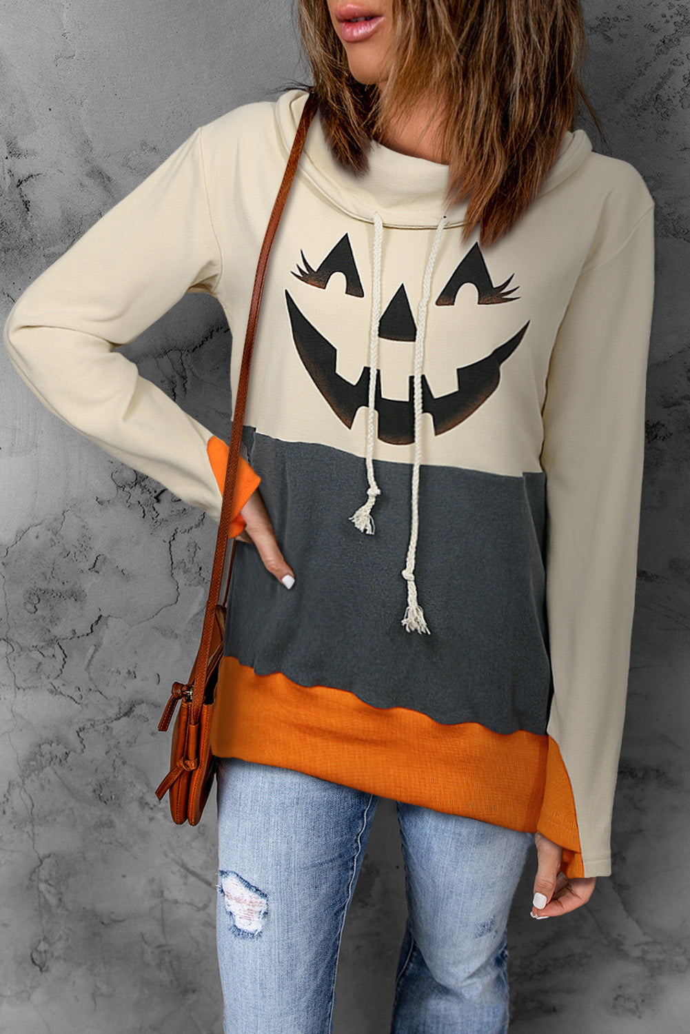Long Sleeve Jack-O'-Lantern Graphic Cream Beige and Orange Color Match Sweatshirt