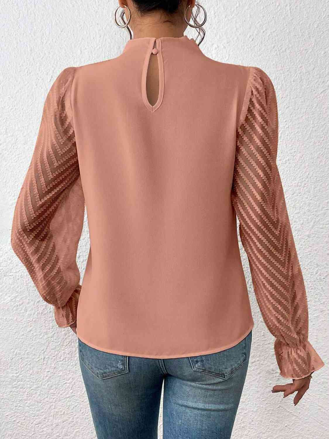 Ruffled Mock Neck anyplace meeting Flounce Sleeve Blouse