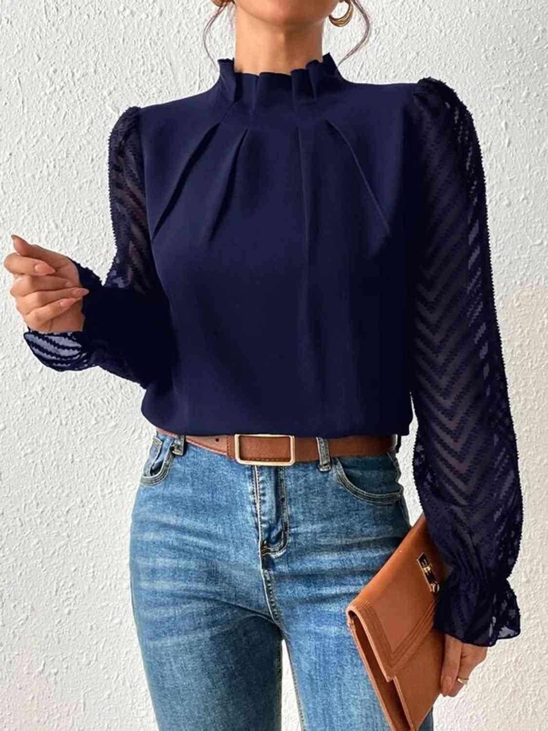 Ruffled Mock Neck anyplace meeting Flounce Sleeve Blouse