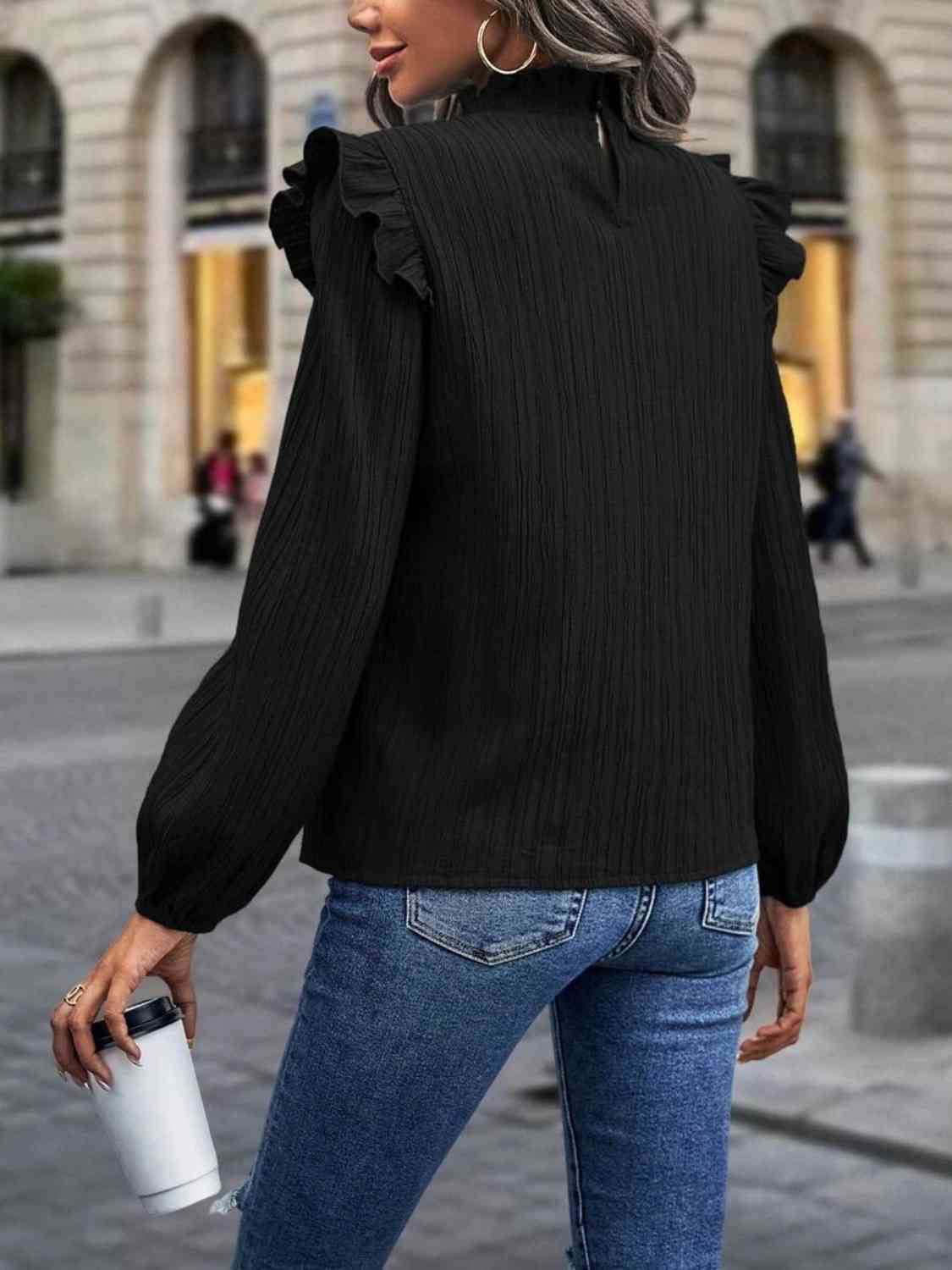 Euro Steps Stamp Memory Mock Neck Ruffle Shoulder Blouse