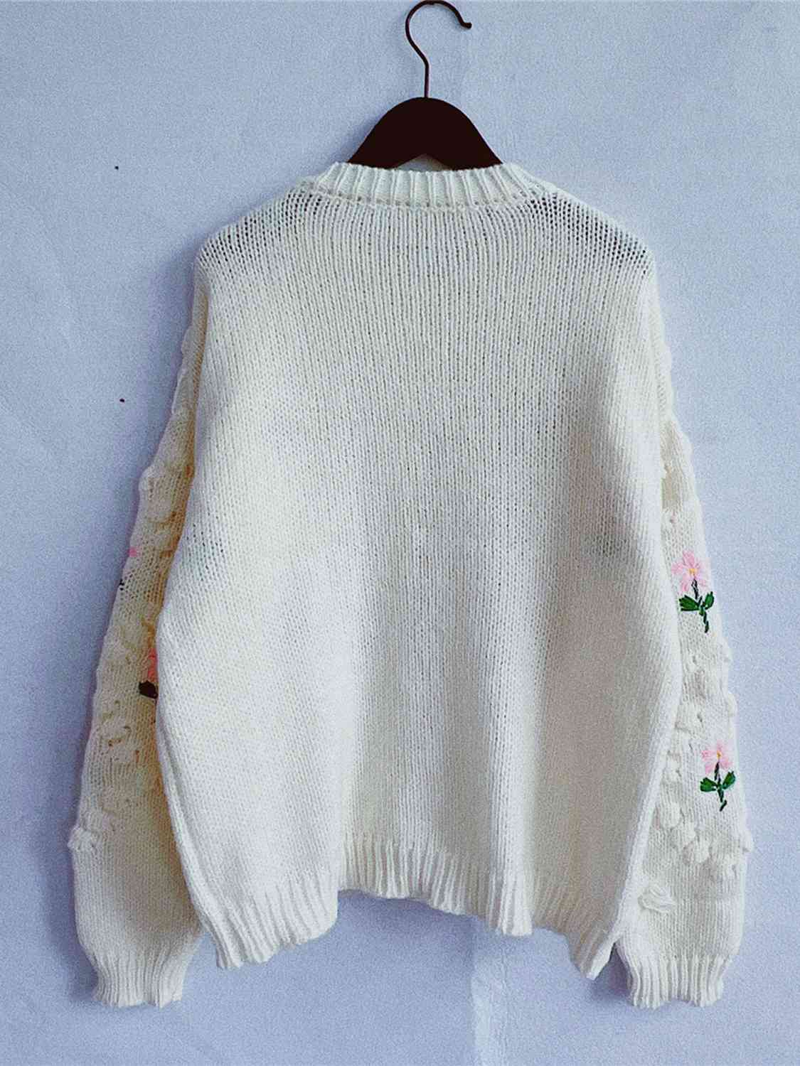 Pink an Green Knitted Floral Button Up Round Neck Long Sleeve Cardigan