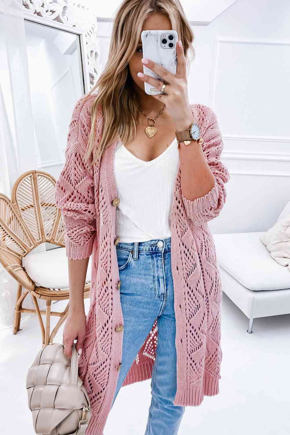 V-Neck Natural Chic Outfit Stone Long Sleeve Cardigan