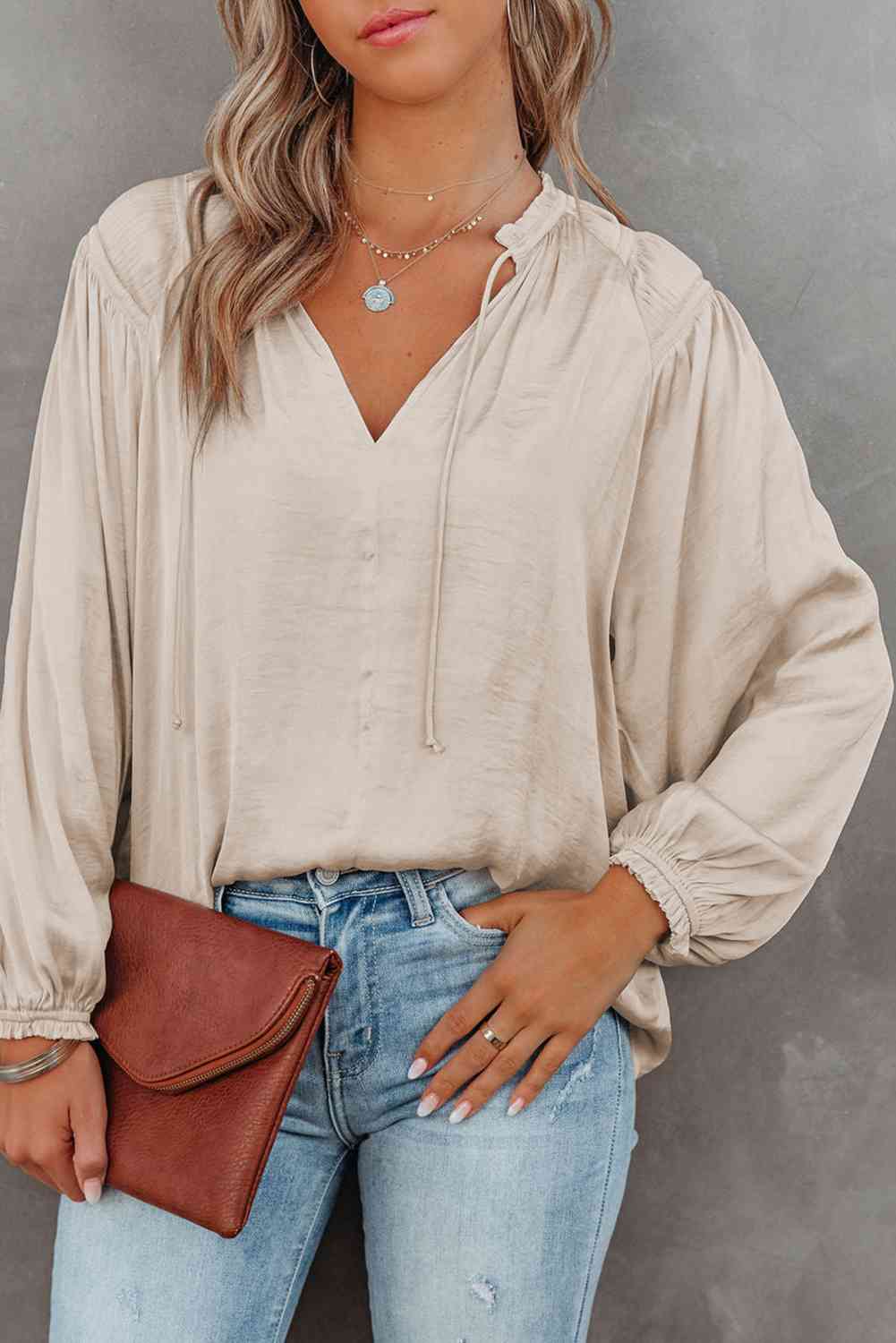 Winkled Sateen Silky Tie Neck Long Sleeve Blouse