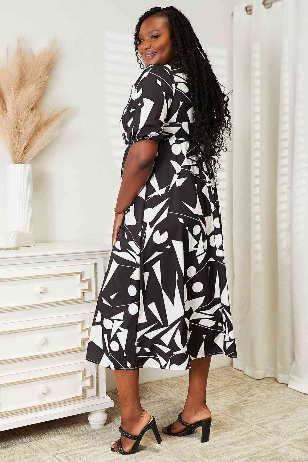 Organic Mud leaves Double Take Printed Surplice Balloon Sleeve Dress