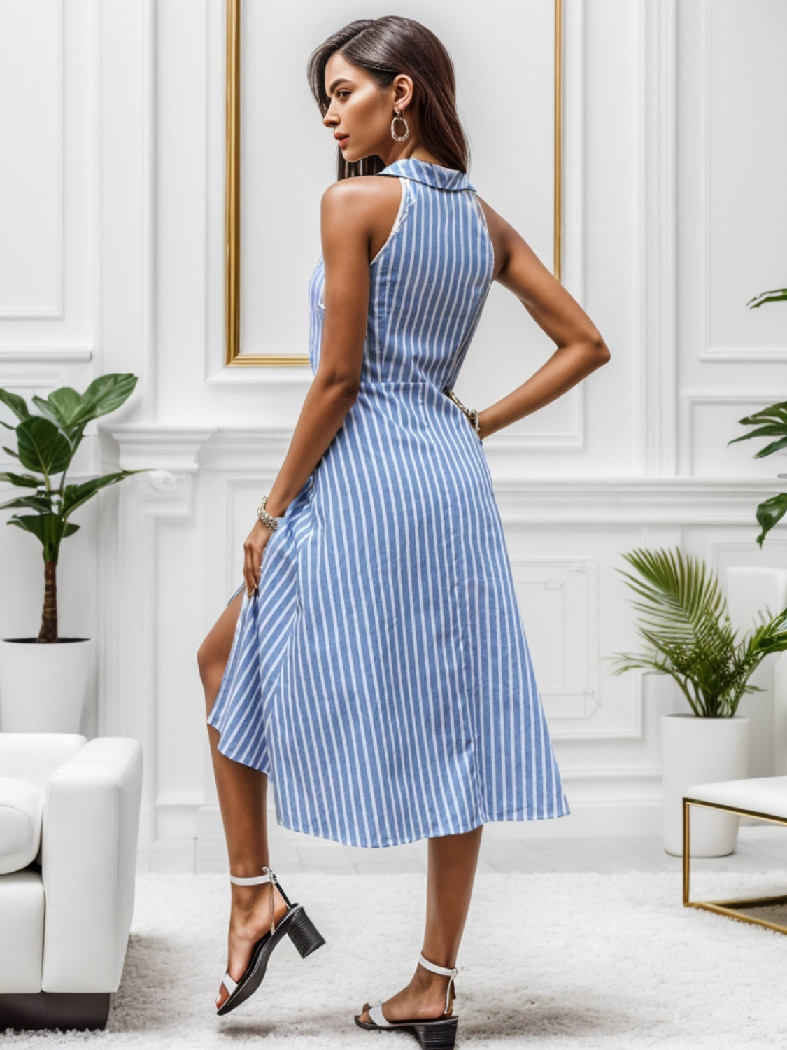 Sailor Collar Slit Striped Sleeveless Midi Dress