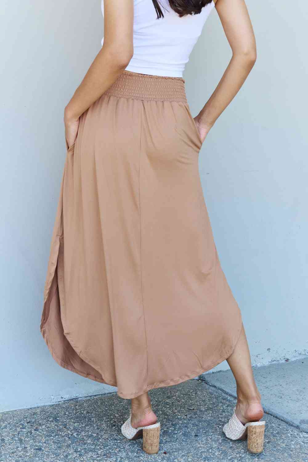 Comfort Easycare Princess Full Size High Waist Scoop Hem Maxi Skirt in Tan