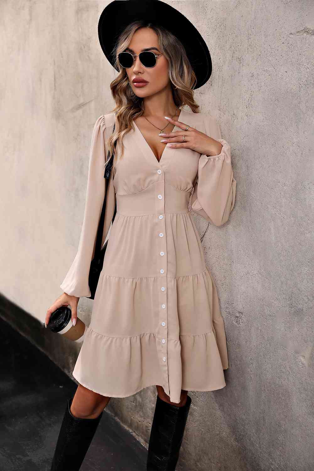 Beige Mid Century V Neck Button Up Tiered Dress