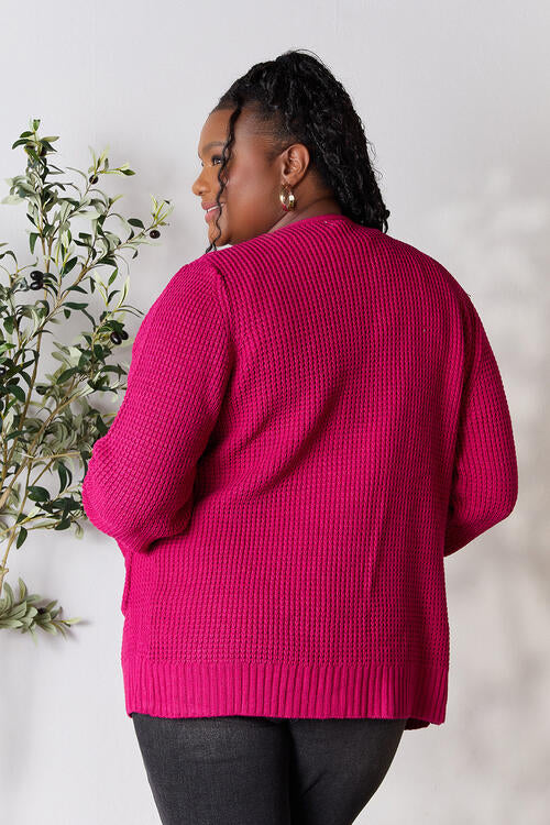 Red Pink Basic Full Size Waffle-Knit Open Front Cardigan