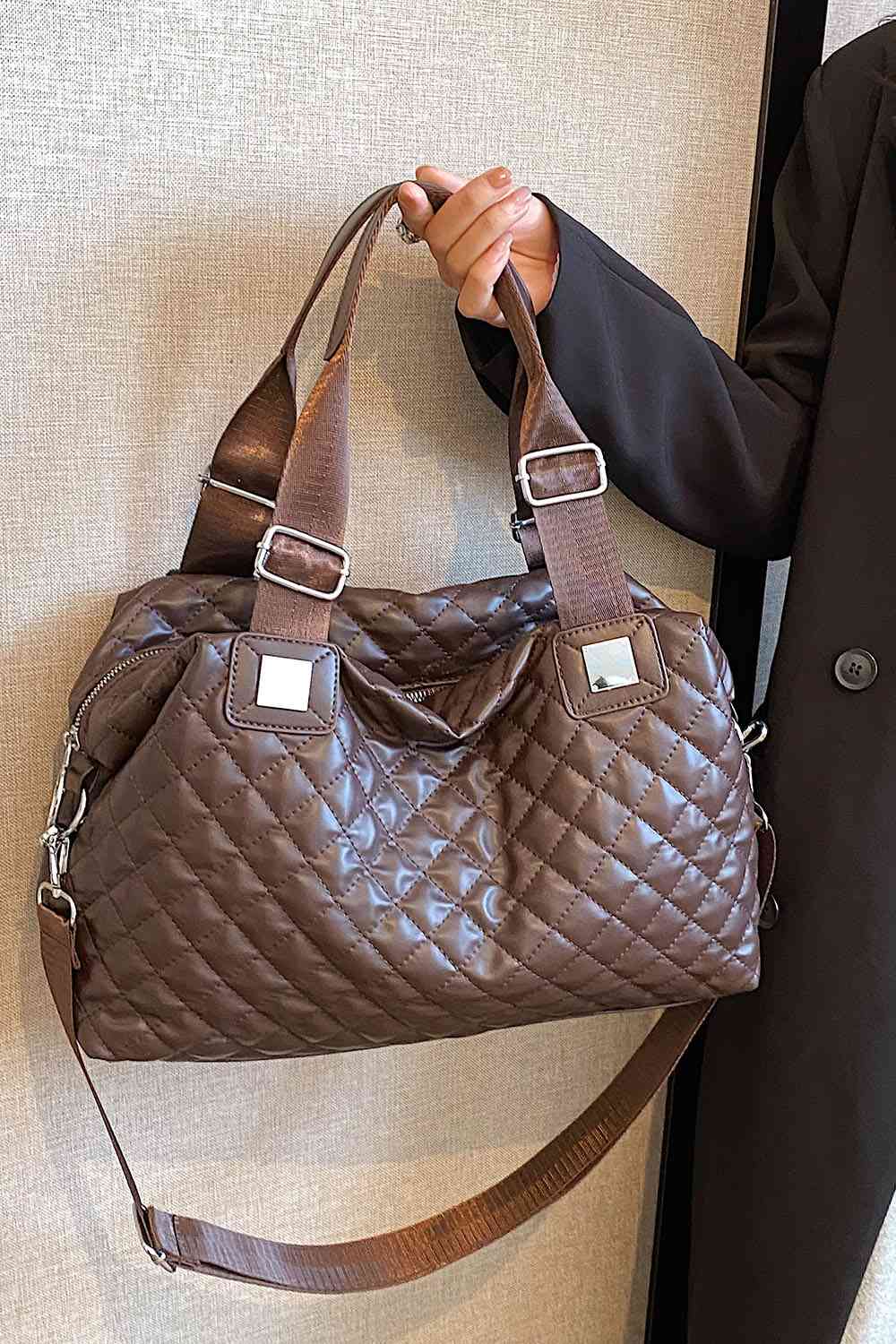 Embossing Squre Metal Button quilted PU Leather Handbag, Black, Brown,Ivory