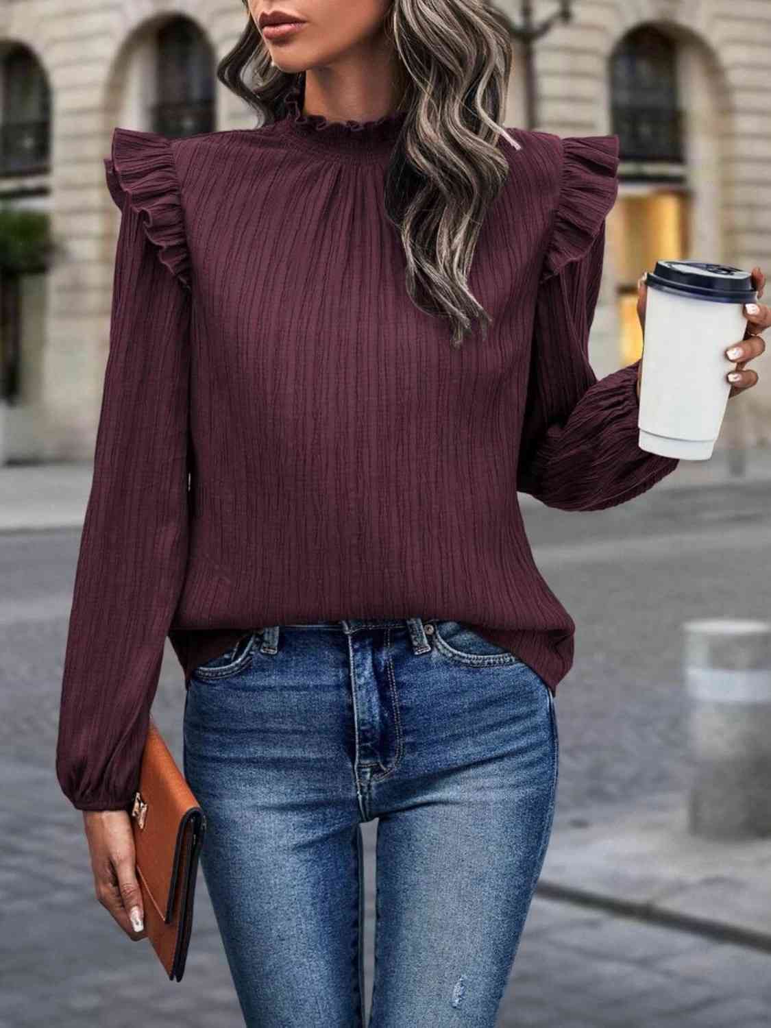 Euro Steps Stamp Memory Mock Neck Ruffle Shoulder Blouse