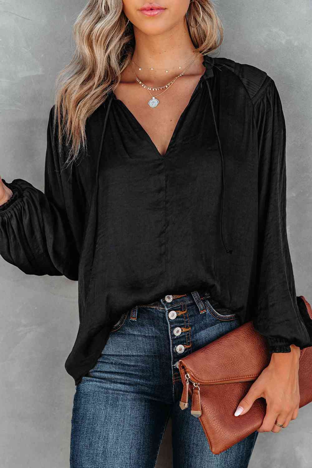 Winkled Sateen Silky Tie Neck Long Sleeve Blouse