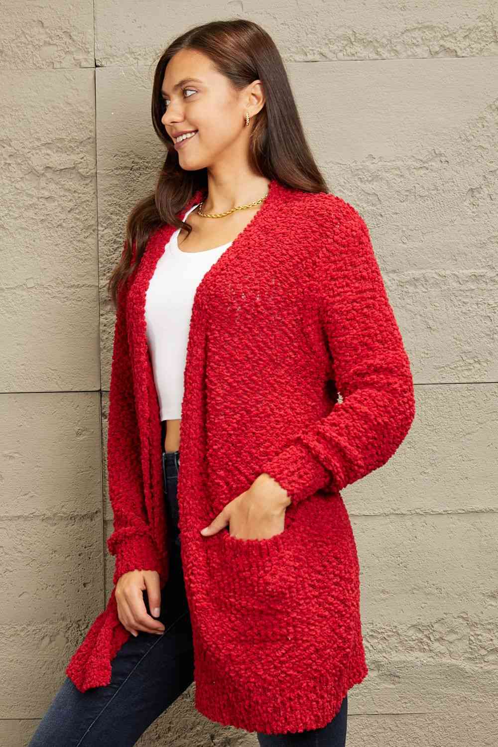Deep Red Zenana Falling puff fur Full Size Open Front Popcorn Cardigan
