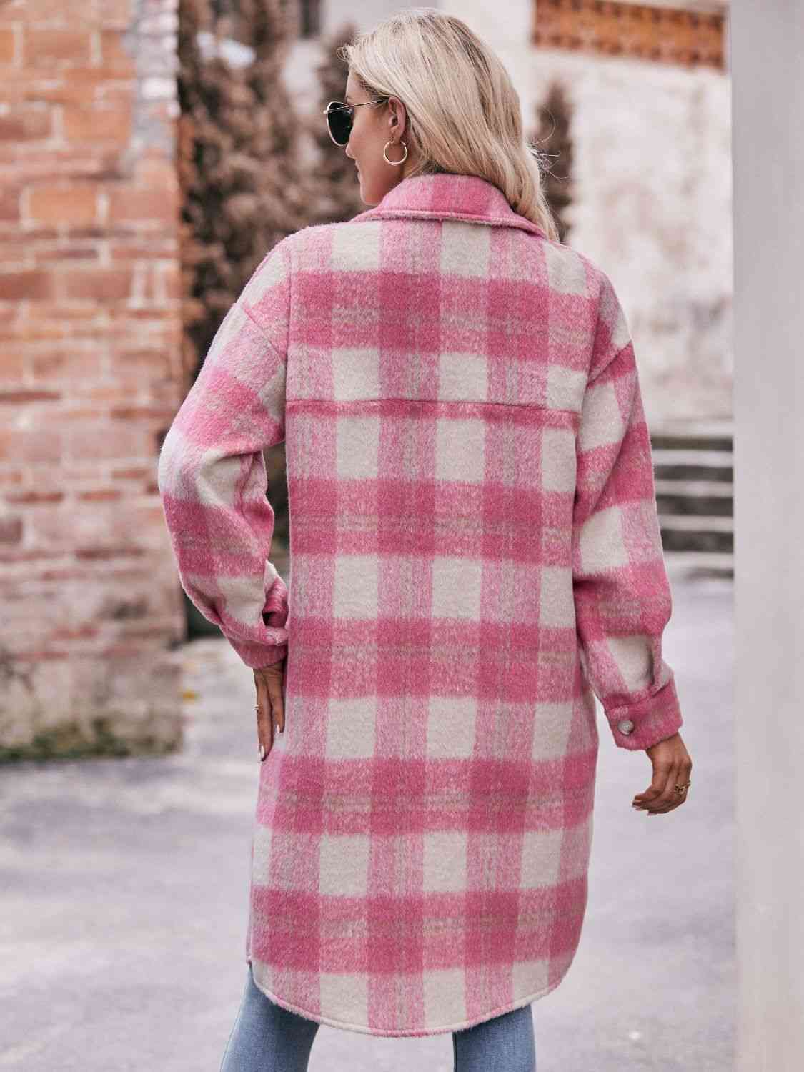 Pink and Light Blue Big Plaid Spring/Fall Dropped Shoulder Slit Shirts Cardigan Coat