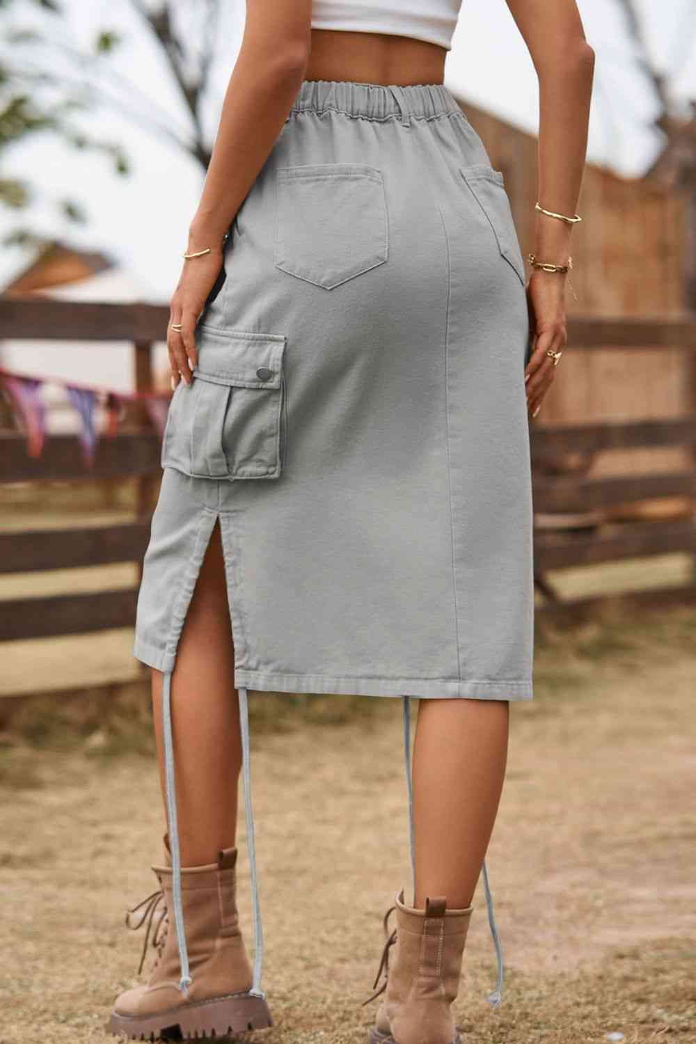 College Drawstring Both Side Pocket Denim Cargo Skirt