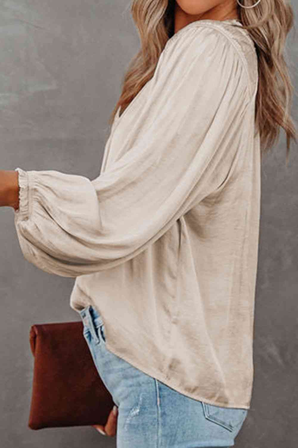 Winkled Sateen Silky Tie Neck Long Sleeve Blouse