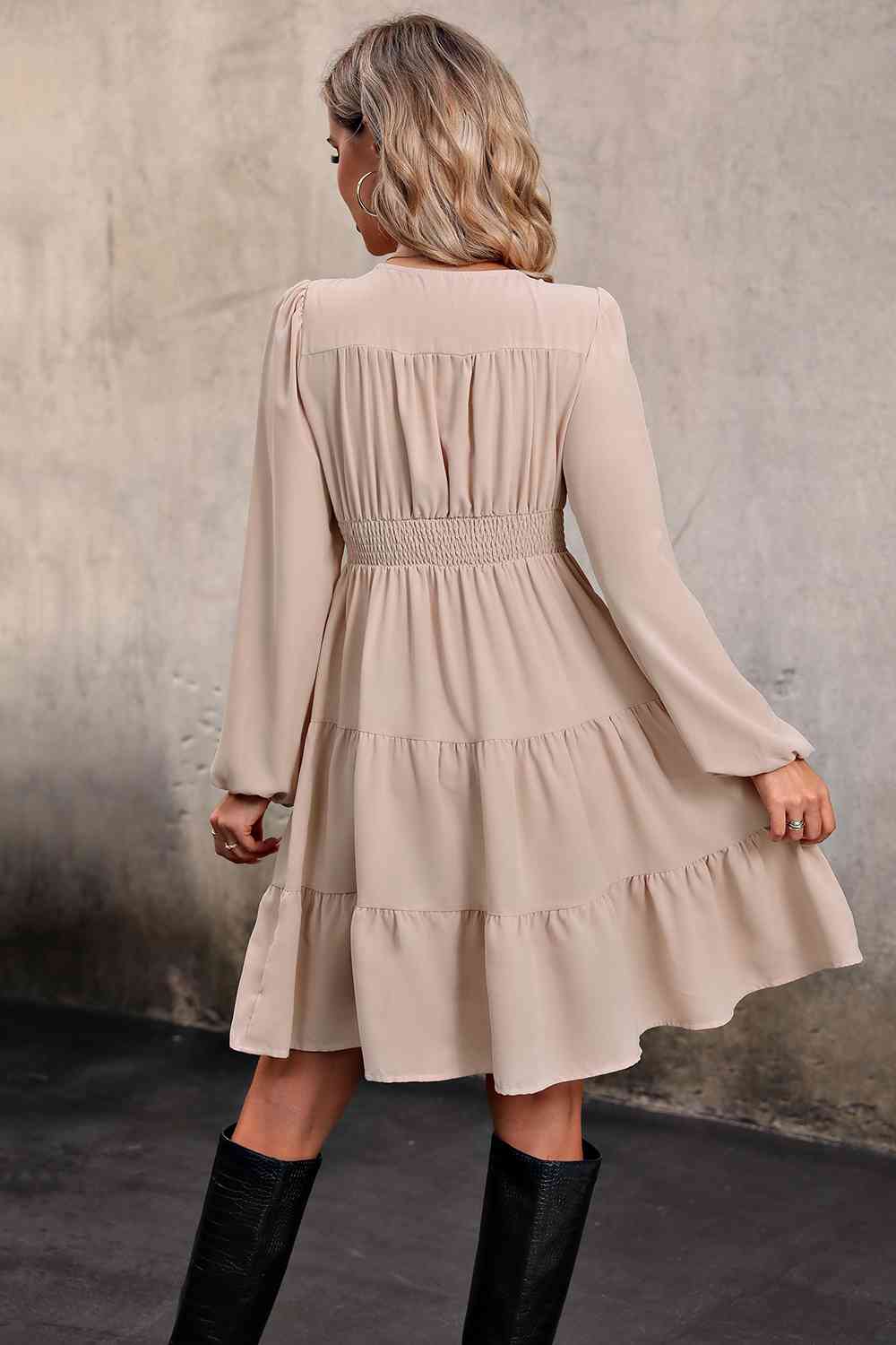 Beige Mid Century V Neck Button Up Tiered Dress