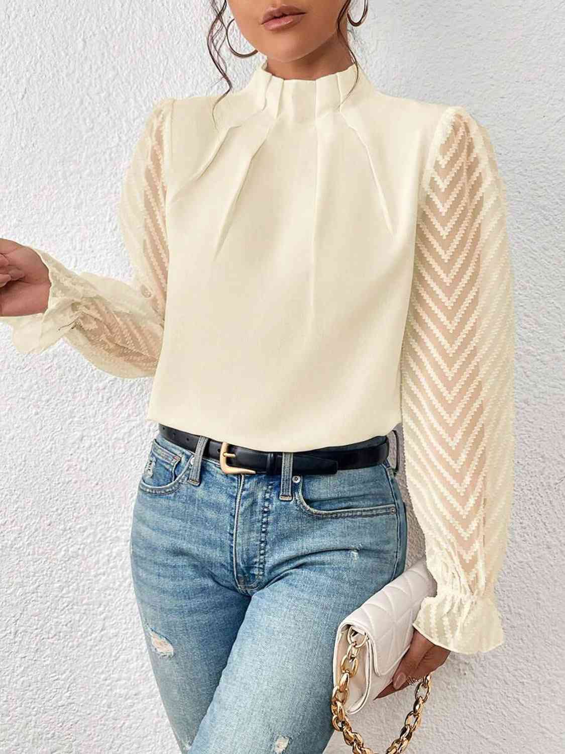 Ruffled Mock Neck anyplace meeting Flounce Sleeve Blouse