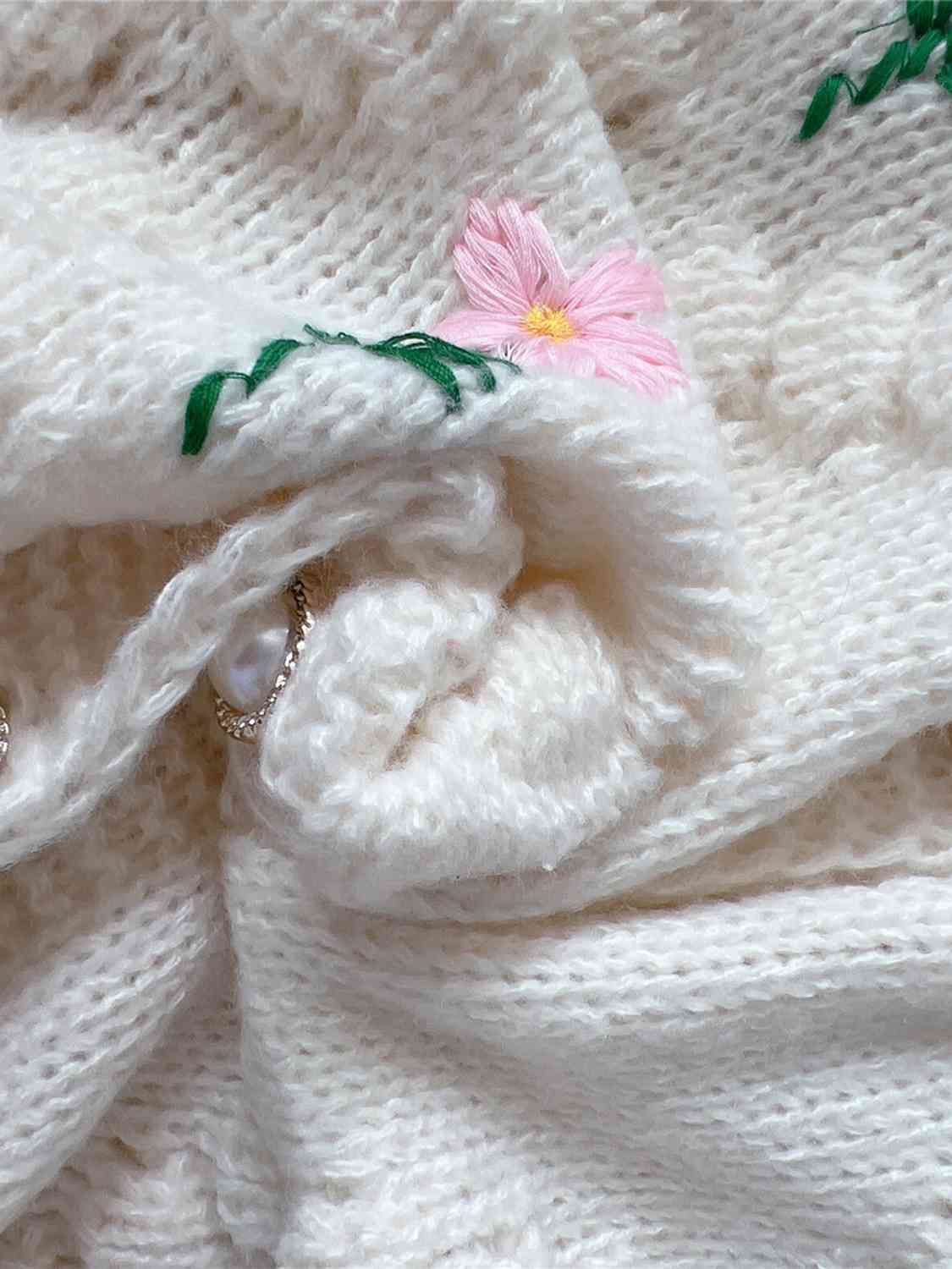 Pink an Green Knitted Floral Button Up Round Neck Long Sleeve Cardigan