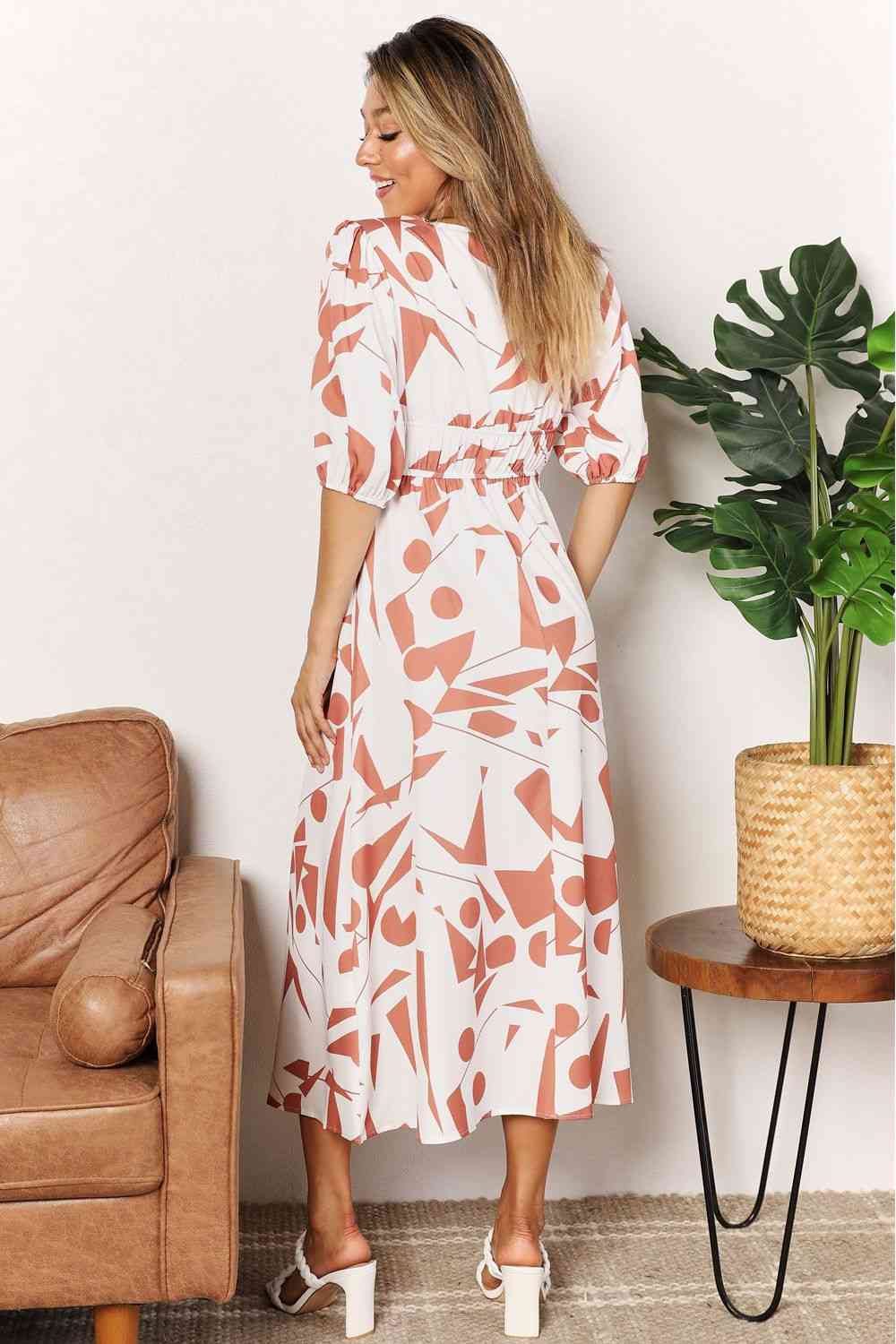Organic Mud leaves Double Take Printed Surplice Balloon Sleeve Dress