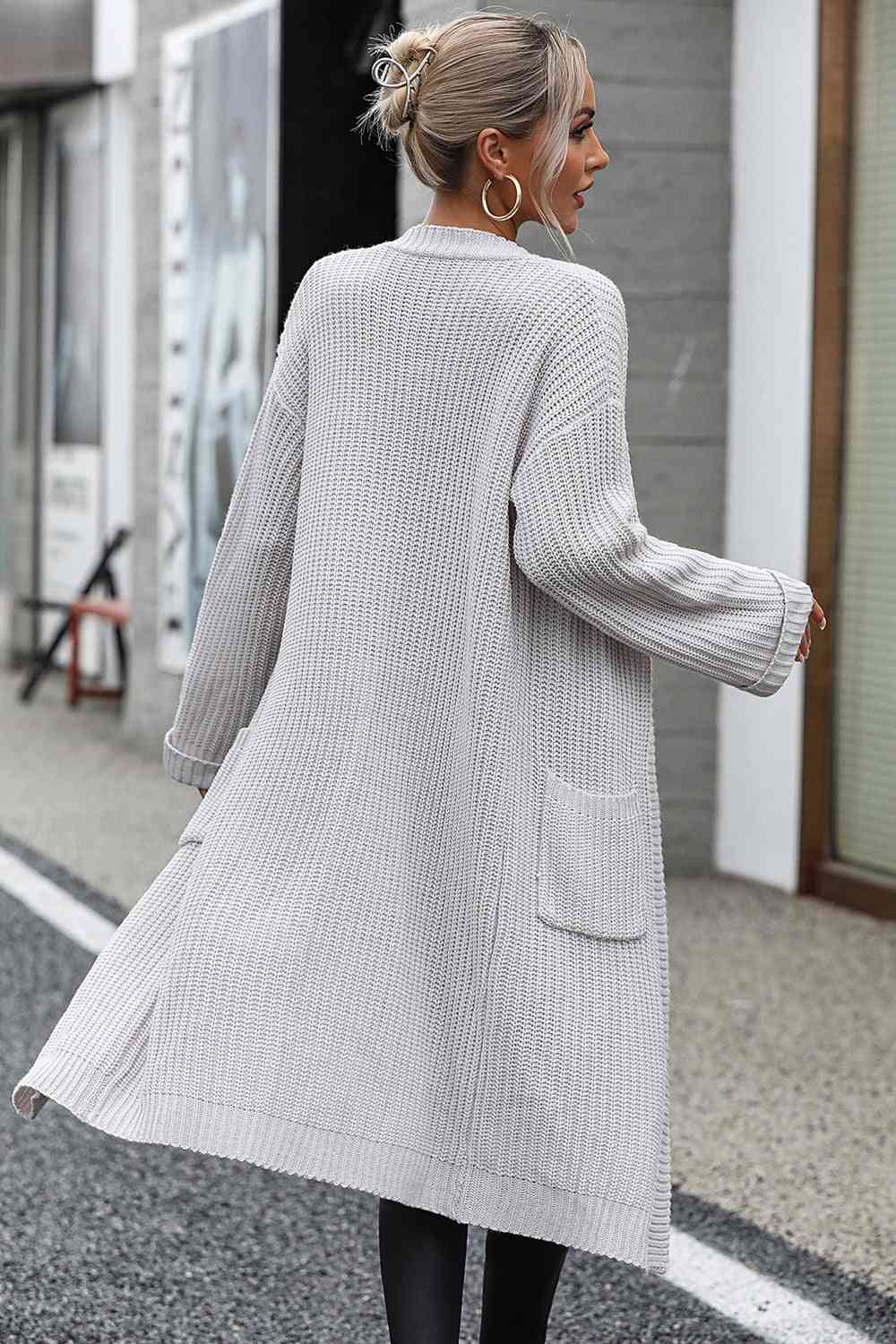 Simple Basic Dropped Shoulder Long Sleeve Cardigan with Pocket