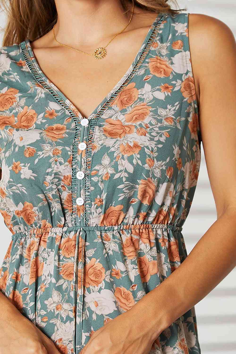 Calm Mid Sounds Double Take Floral V-Neck Tiered Sleeveless Dress