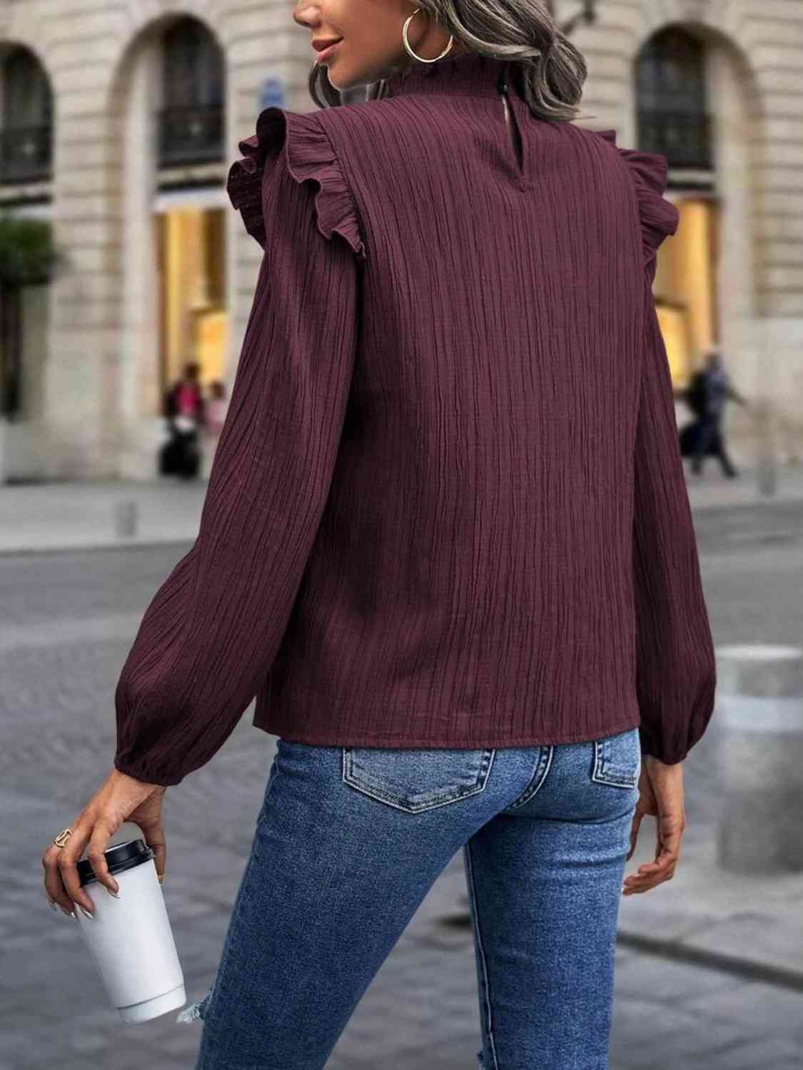 Euro Steps Stamp Memory Mock Neck Ruffle Shoulder Blouse
