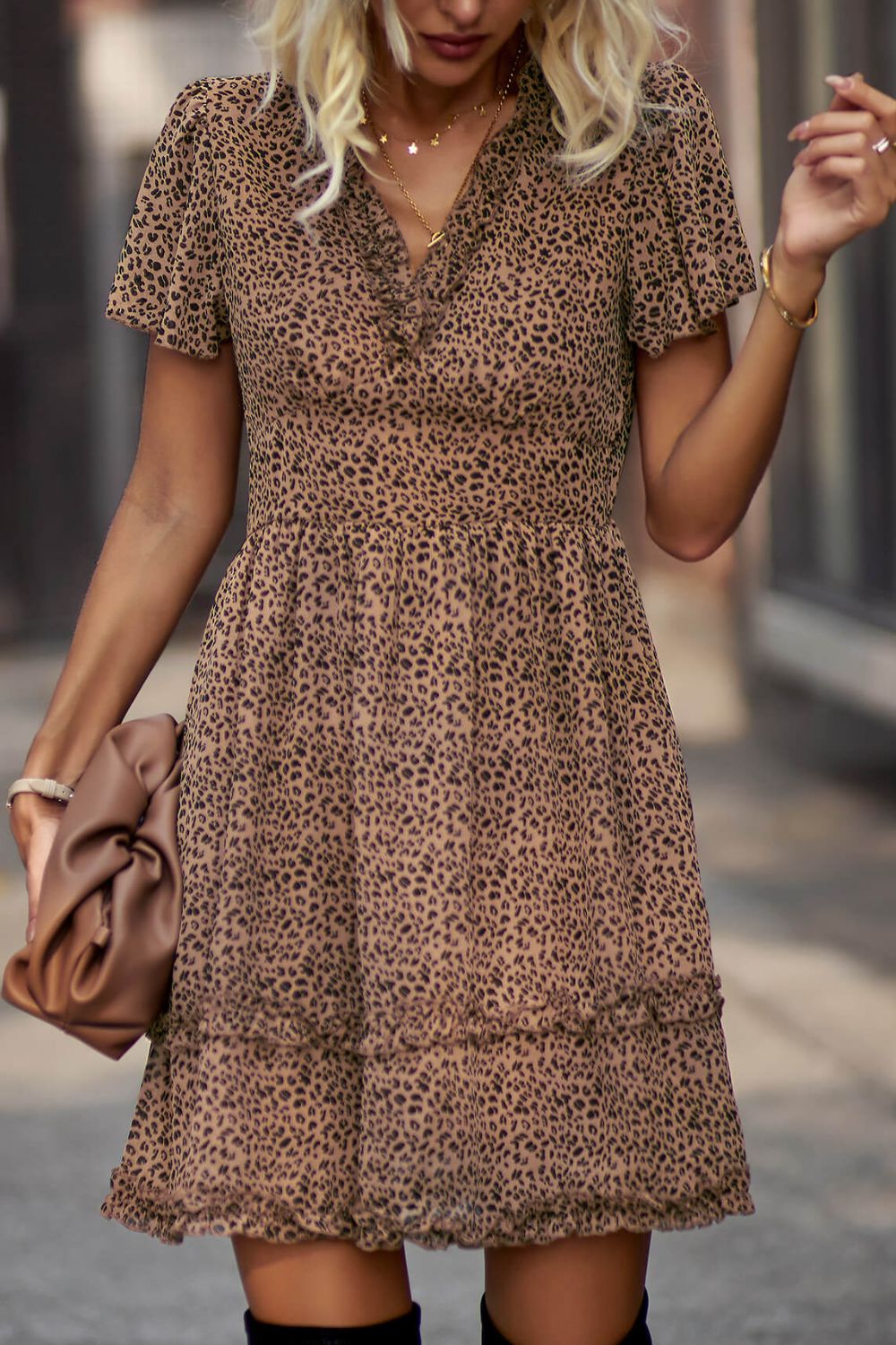 Summer light weight Printed Flutter Sleeve V-Neck Dress
