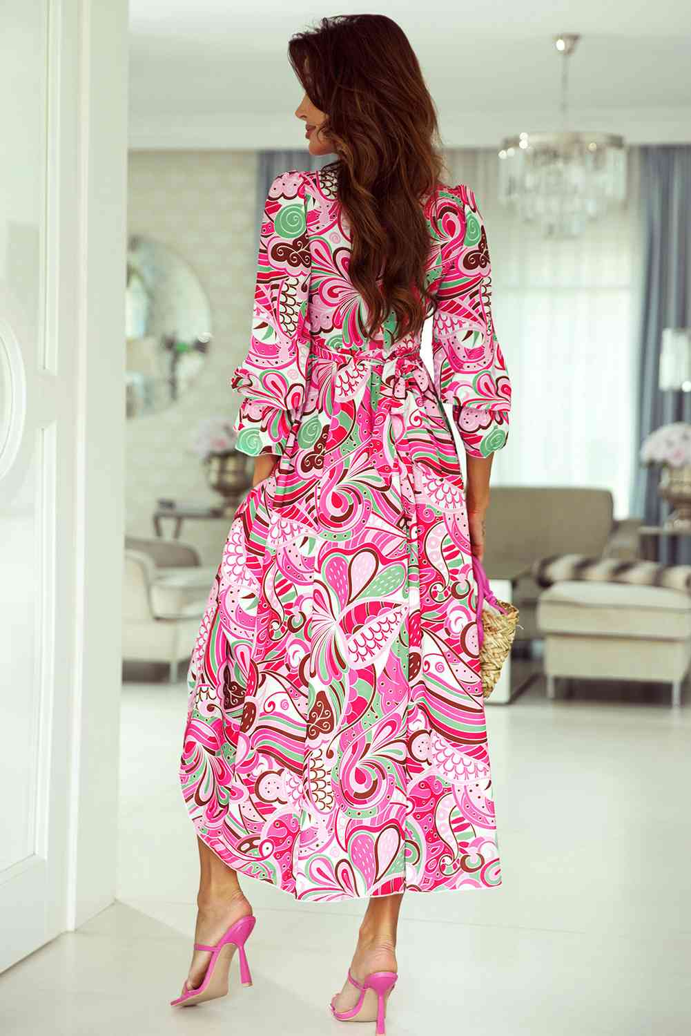 Pink Sweet Green Paisley pattern retro Printed Surplice Neck Flounce Sleeve Dress