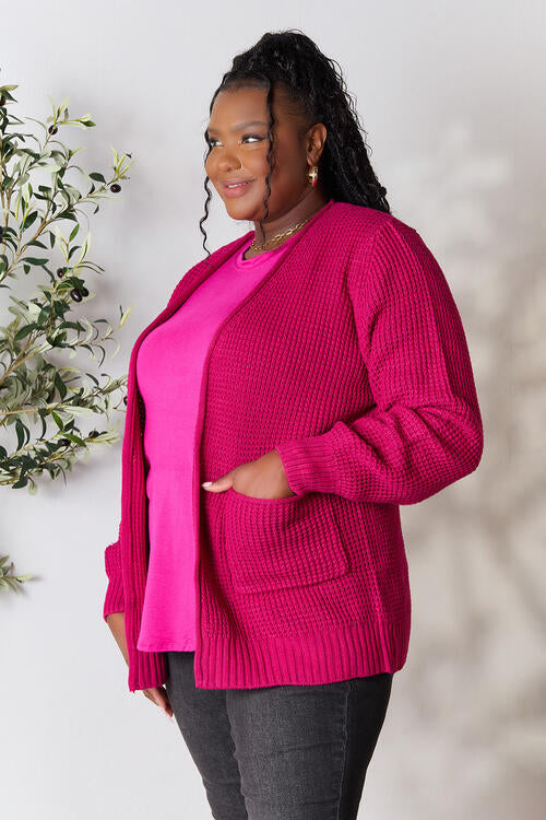 Red Pink Basic Full Size Waffle-Knit Open Front Cardigan