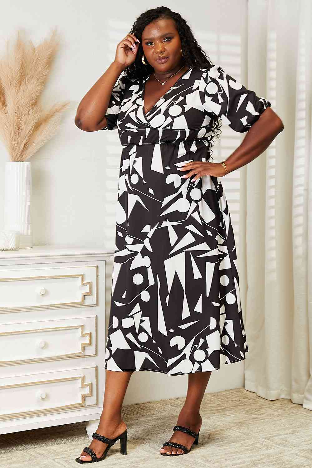 Organic Mud leaves Double Take Printed Surplice Balloon Sleeve Dress